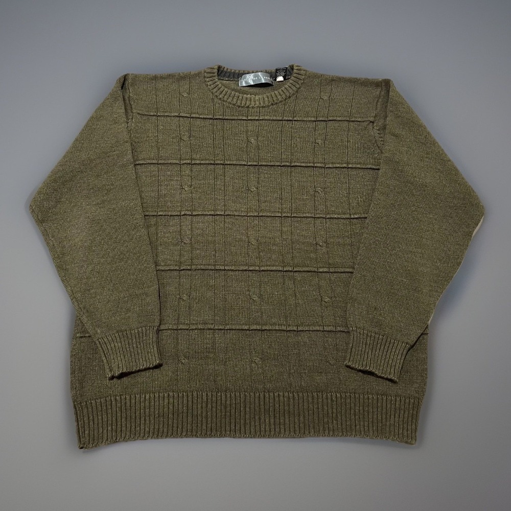 Oscar de la Renta Mens Olive Green Ribbed Crew Neck Pullover Knit Sweater XL